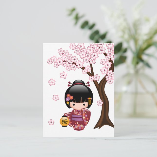 Sakura Kokeshi Docka - Söt Geisha Tillfrisknar Vykort (Stående Fram)