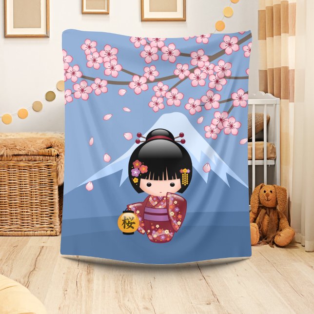 Sakura Kokeshi Docka - Söt japansk geishaflicka Fleecefilt (Skapare uppladdad)