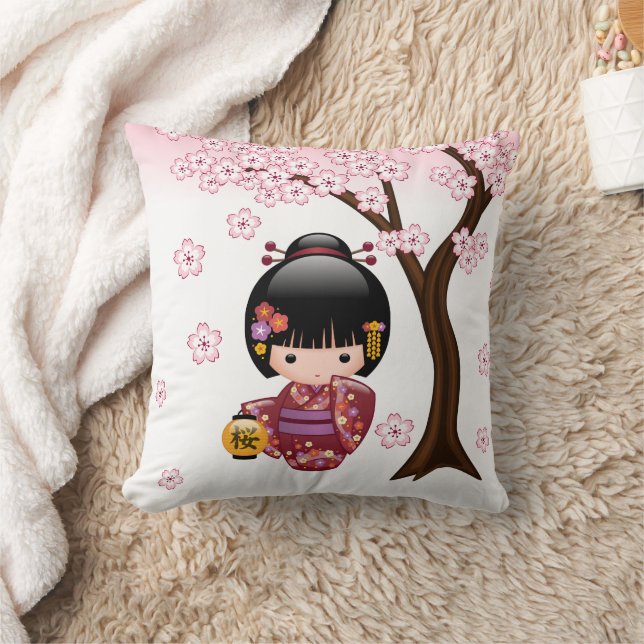 Sakura Kokeshi Docka - Söt japansk geishaflicka Kudde (Filt)