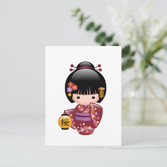 Sakura Kokeshi Doll - Cute Geisha Girl Vykort (Stående Fram)