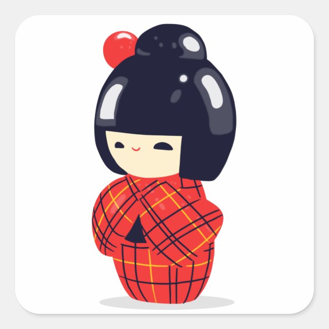 Sakura Kokeshi Doll Fyrkantigt Klistermärke (Framsida)
