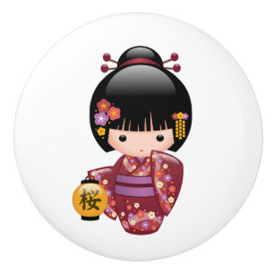 Sakura Kokeshi Doll - Geisha Girl on White Knopp