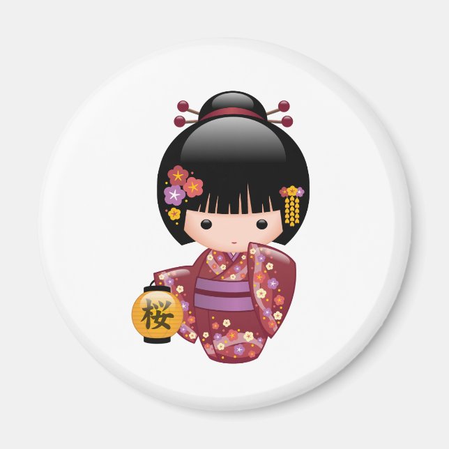 Sakura Kokeshi Doll - Geisha Girl on White Magnet (Framsidan)