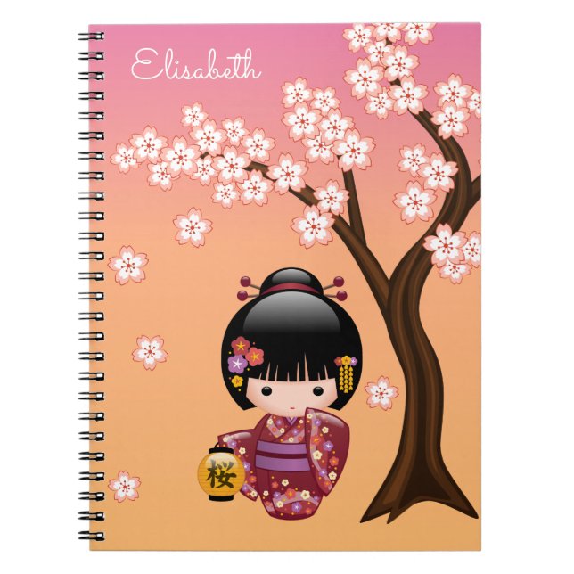 Sakura Kokeshi Doll - Geisha Girl på Peach Anteckningsbok (Framsidan)