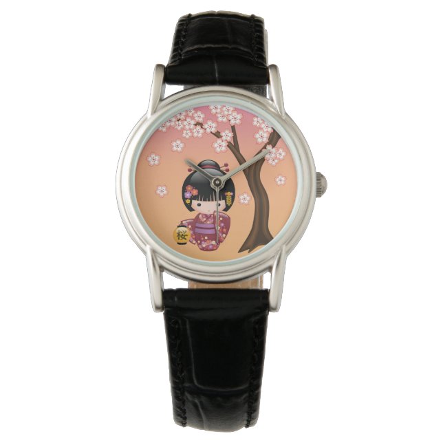Sakura Kokeshi Doll - Geisha Girl på Peach Armbandsur (Framsida)