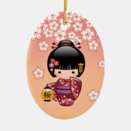 Sakura Kokeshi Doll - Geisha Girl på Peach Julgransprydnad Keramik