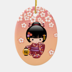 Sakura Kokeshi Doll - Geisha Girl på Peach Julgransprydnad Keramik