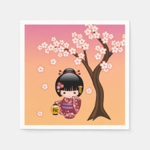 Sakura Kokeshi Doll - Geisha Girl på Peach Pappersservett