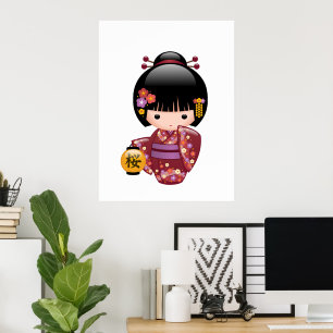 Sakura Kokeshi Doll - Geisha Girl på Peach Poster