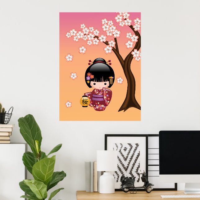 Sakura Kokeshi Doll - Geisha Girl på Peach Poster (Hemmakontoret)