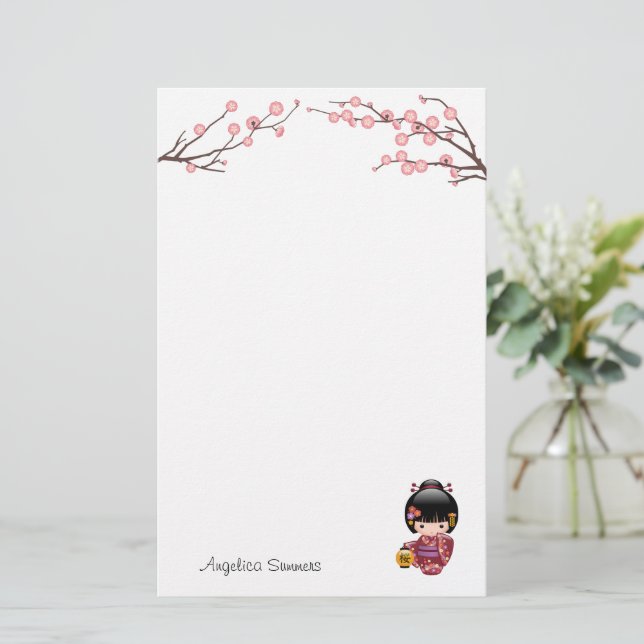 Sakura Kokeshi Doll - Kimono Geisha Girl Brevpapper (Stående Fram)