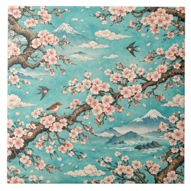 Sakura Körsbärsblom Ukiyo-e Keramisk Kakelplatta (Framsidan)