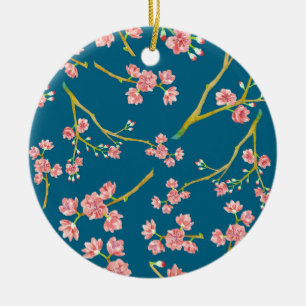Sakura körsbärsrött blommartryck på blått julgransprydnad keramik