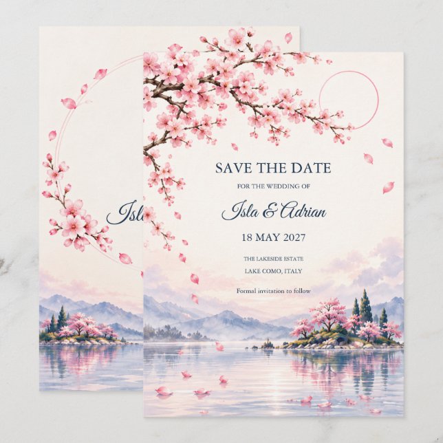 Sakura Lake Bröllop Förhandsinbjudan Inbjudningar (Fram/baksida)