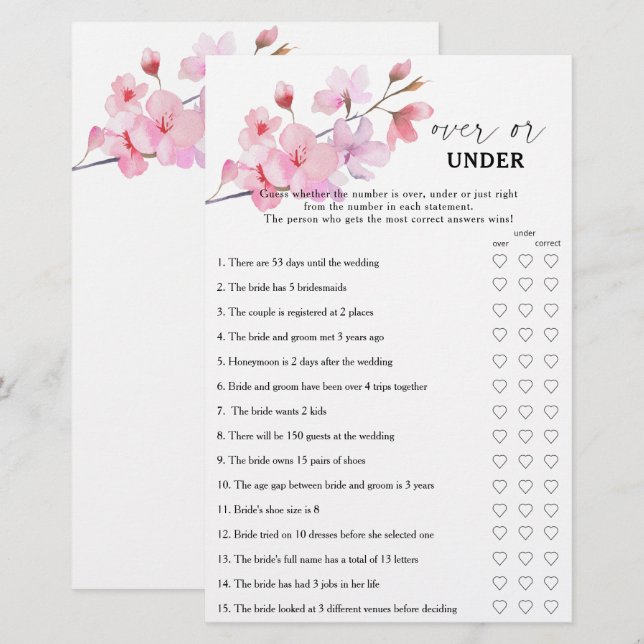 Sakura - Över eller under bröllopsdusch spel (Fram/baksida)