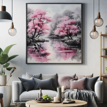 Sakura över floden Bläck Painting