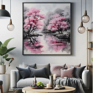 Sakura över floden Bläck Painting Fototryck
