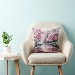 Sakura över floden Bläck Painting Kudde