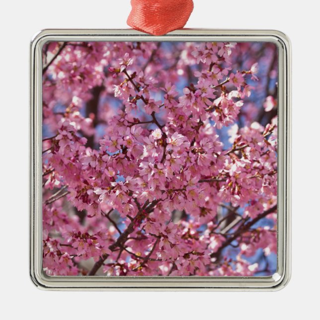 Sakura Rosa Cherry Blommar Himlar Julgransprydnad Metall (Framsidan)