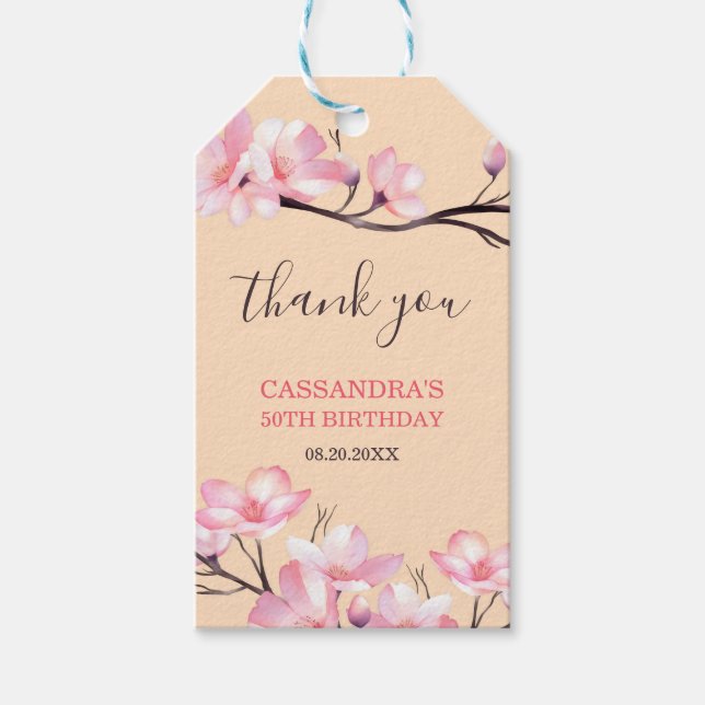 Sakura  Rosa Cherry Blommar Peach Birthday Presentetikett (Framsidan)