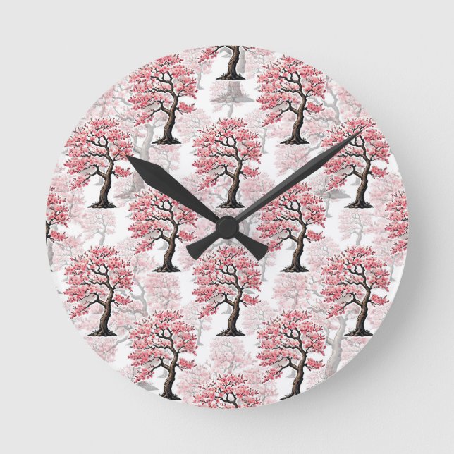 Sakura Rosa Cherry Blommar Träd Design Rund Klocka (Framsida)