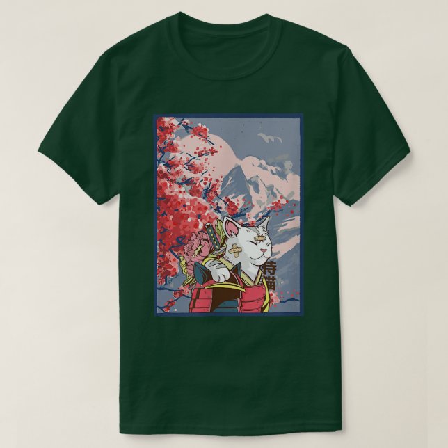 Sakura Samurai Cat Mountain Aesthetic Anime Japane T Shirt (Design framsida)