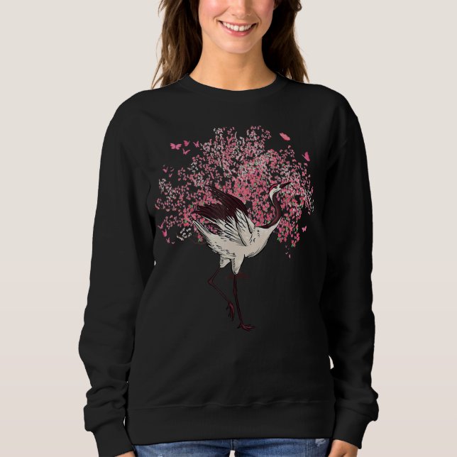 Sakura Träd Cherry Blommar Crane Bird Japanska Flo T Shirt (Framsida)