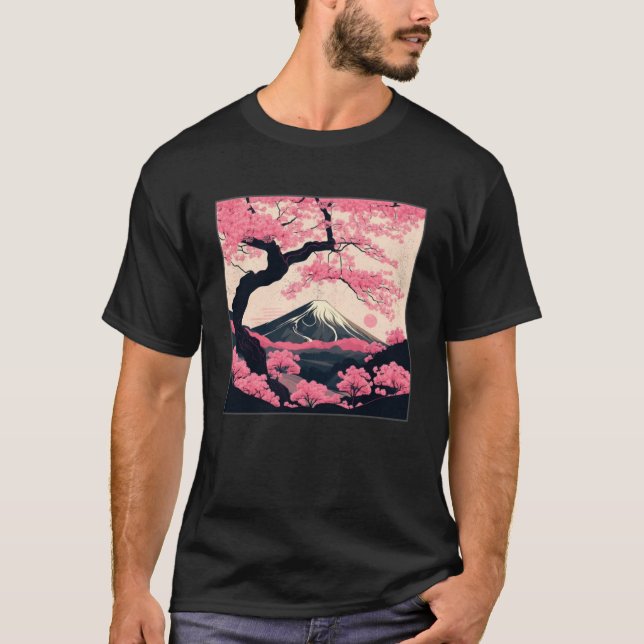 Sakura Träd Cherry Blommar Illustration Scenery Wo T Shirt (Framsida)