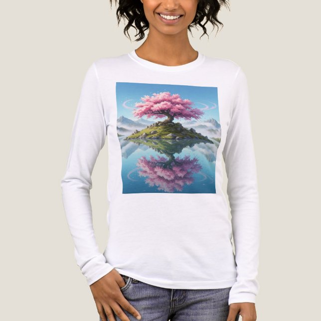 Sakura-träd i mitten av en sjö.berg t shirt (Framsida)