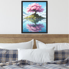 Sakura-träd i sjö med berg, rosa blomma  canvastryck