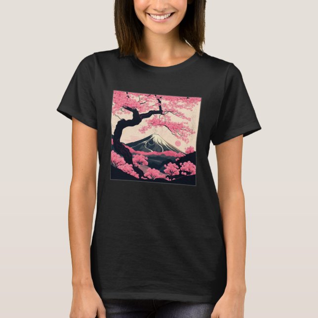 Sakura Träd Körsbärsblom Illustration Landskap Kvi T Shirt (Framsida)