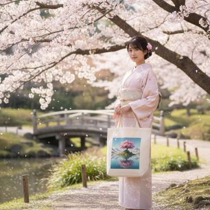 Sakura Träd Mountain Sjös Totebag Japansk Körsbä Tygkasse