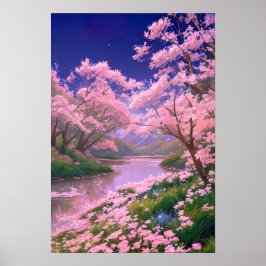 Sakura Träd om Serene Riverbank Poster