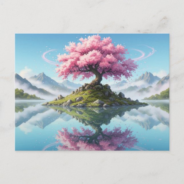 Sakura Tree Lake Landscape Postcard - Artistic Asi Vykort (Framsida)