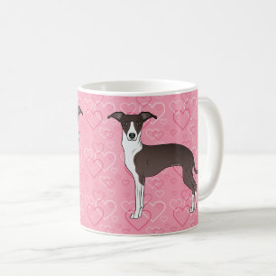 Säl och vit italiensk mops på rosa hjärtan kaffemugg