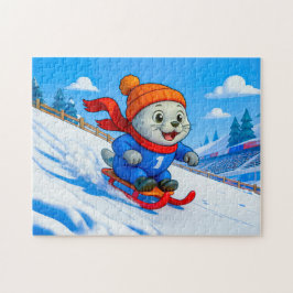 Säl som åker pulka nerför en snöig bergssluttning pussel
