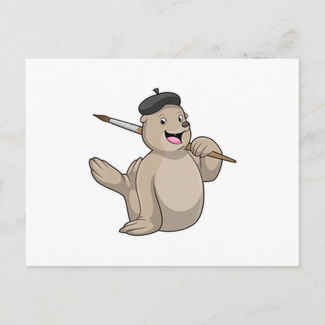 Säl som Målare med Målarpensel Vykort (Framsida)