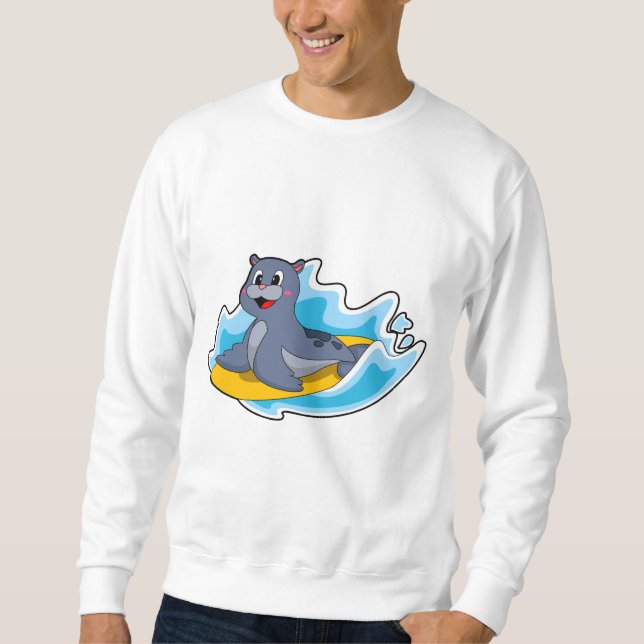 Säl som surfare med surfbräda lång ärmad tröja (Framsida)