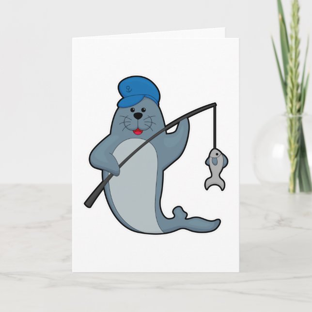 Säl vid fiske med fiskespö & fisk kort (Framsida)