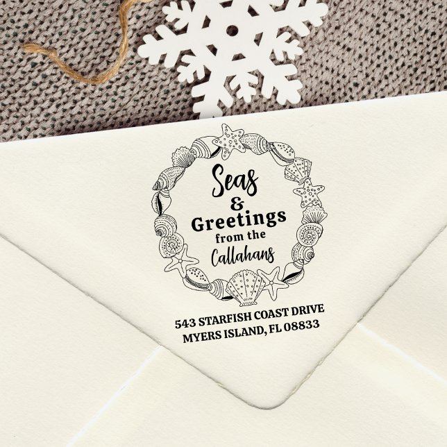Sälar och Hälsning Returadress Sårutandning Stämpel (Elevate your holiday cards with this beautiful hand drawn seashell wreath return address stamp)