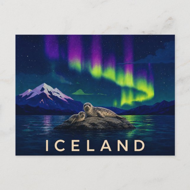 Sälar under Aurora | Ikoniska Island Vykort (Framsida)