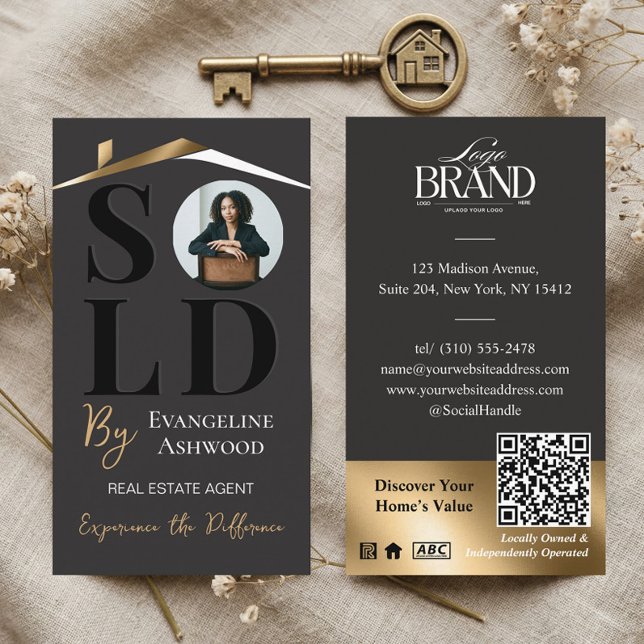 Såld Lyx Fastighetsmäklare Black Gold QR Visitkort (Sold Luxury Home Real Estate Agent Black Gold QR Business Card)