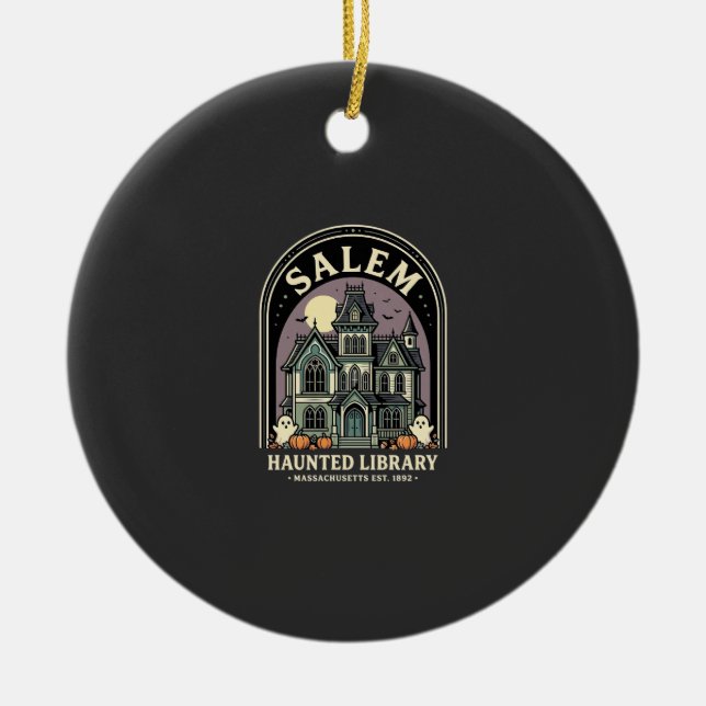Salem Haunted Library Halloween Design_1 Julgransprydnad Keramik (Framsidan)