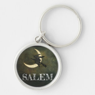 Salem Massachusetts Witch över Måne Halloween Rund Silverfärgad Nyckelring