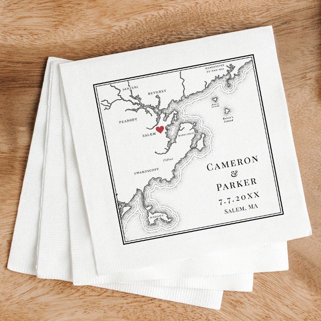 Salem MORSA Karta Elegant Black and White Bröllop Pappersservett (Salem MA Map Wedding cocktail napkins in elegant black and white from Coastal Map Designs)