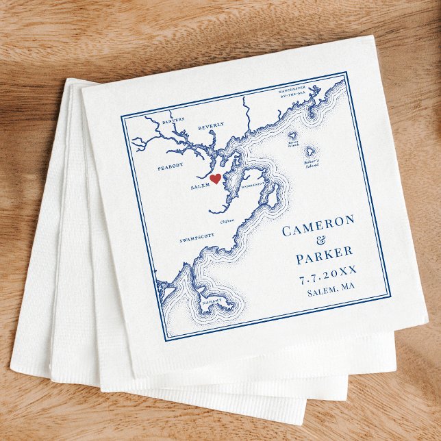 Salem MORSA Karta Elegant Navy Blue Bröllop Pappersservett (Salem MA Map Wedding cocktail napkins in elegant navy blue from Coastal Map Designs)