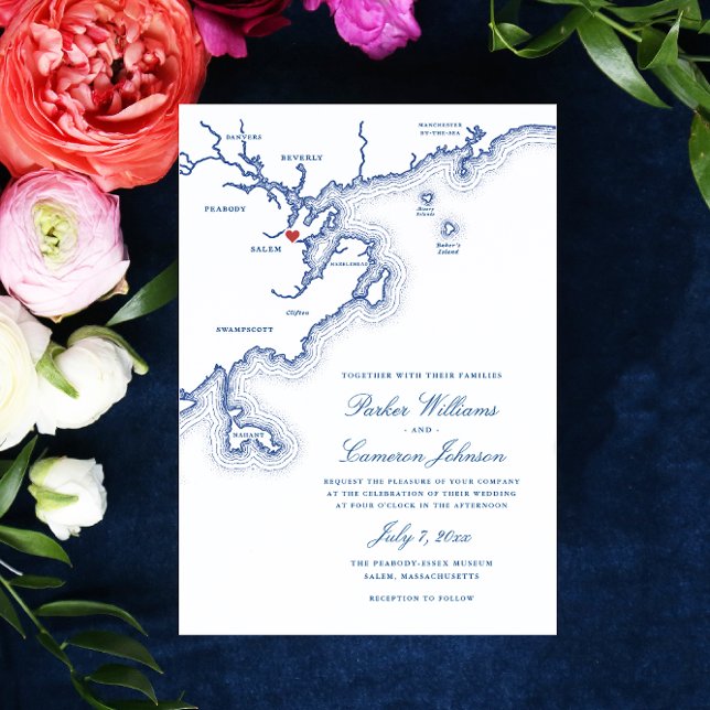 Salem MORSA North Shore Karta Elegant Navy Bröllop Inbjudningar (Salem MA Map Wedding invitation in elegant navy blue for a Peabody Essex Museum wedding)