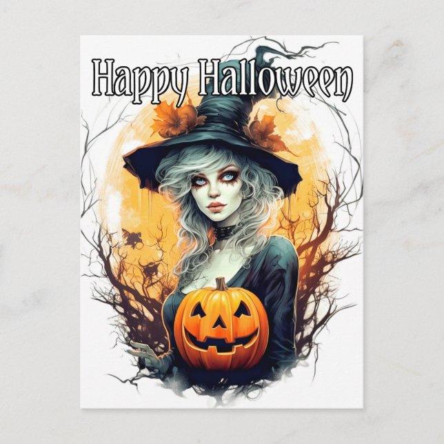 Salem Witch Illustration - Happy halloween Vykort (Framsida)