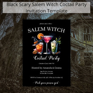 Salem Witch Scary Coctail Party Black Halloween Inbjudningar