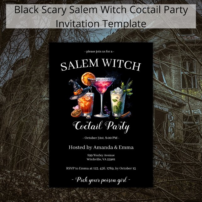 Salem Witch Scary Coctail Party Black Halloween Inbjudningar (Skapare uppladdad)